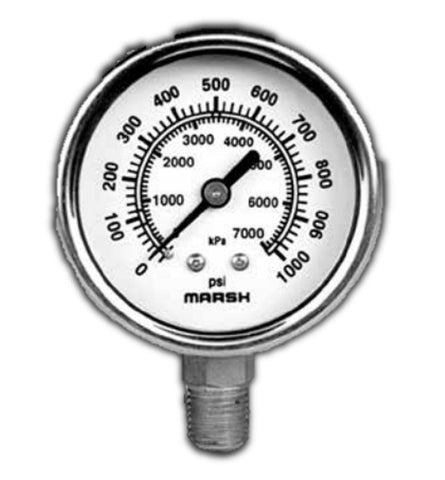 Marsh Bellofram Severe Service Gauge - 2.5" / 63mm Face, Liquid Filled, 1/4" NPT Lower Back U-Clamp