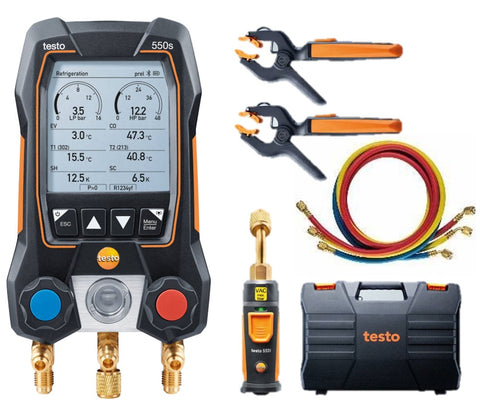 Testo 550s Smart Vacuum Kit with Hoses - Smart digital manifold with wireless vacuum probe, wireless clamp temperature probes, and 3 hoses (0564 5505 01)